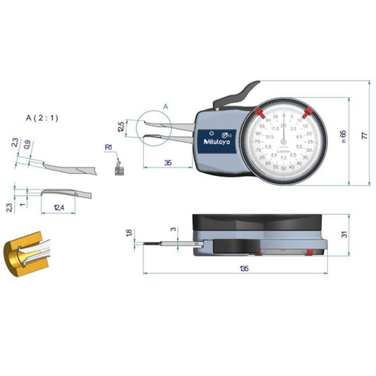 mitutoyo internal dial caliper gauge 2 5 12 5mm 0 005mm 209 300