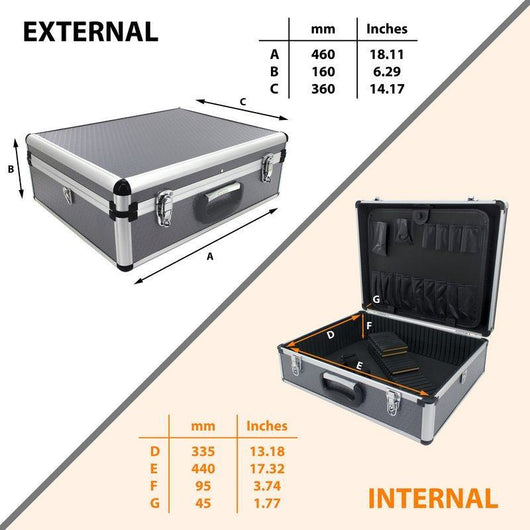 grey toolbox flight case with tool tray and internal dividers l460 x w360 x h160mm