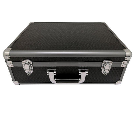 roc cases black and gun metal grey flight case l460 x w340 x h170mm with cubed foam dividers and carry strap