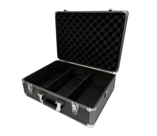 roc cases black and gun metal grey flight case l460 x w340 x h170mm with cubed foam dividers and carry strap