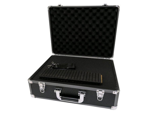 roc cases black and gun metal grey flight case l460 x w340 x h170mm with cubed foam dividers and carry strap